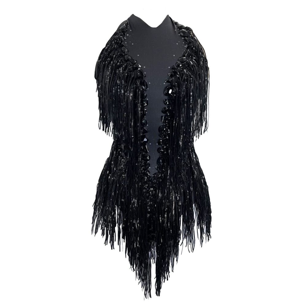 1026 Sparkly Diamante Fringe Bodysuit Sexy Dancer Celebrate Outfit Prom Bar